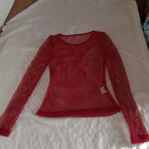 Red stretch mesh long-sleeved sweater